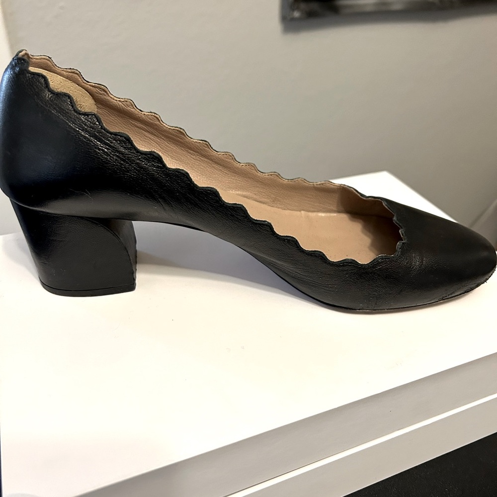 Chloe Lauren blockheel shoes, scalloped edge